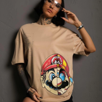 Kadın Mario Baskılı T-Shirt Oversize Kısa kol Bisiklet yaka tişort - Bej